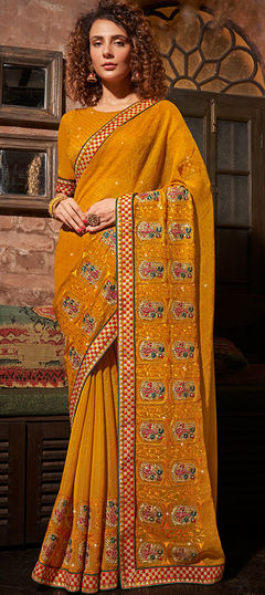 Yellow color Saree in Chiffon fabric with Embroidered, Resham, Stone, Thread work