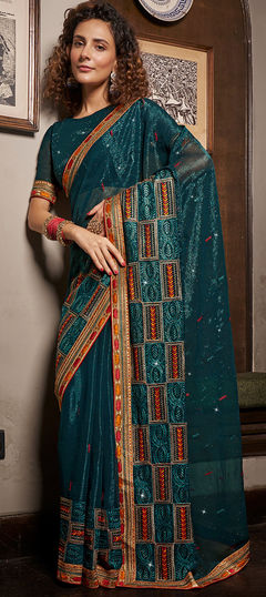 Blue color Saree in Chiffon fabric with Embroidered, Resham, Stone, Thread work