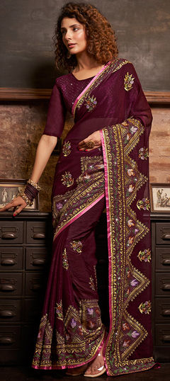 Purple and Violet color Saree in Chiffon fabric with Embroidered, Resham, Stone, Thread work