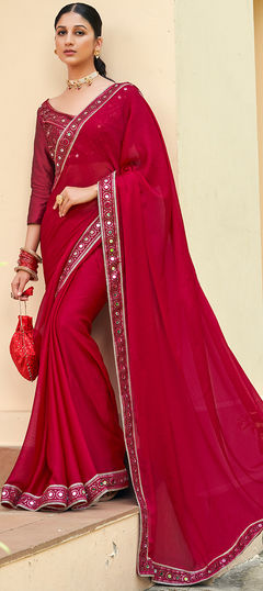 Red and Maroon color Saree in Chiffon fabric with Embroidered, Mirror, Thread work