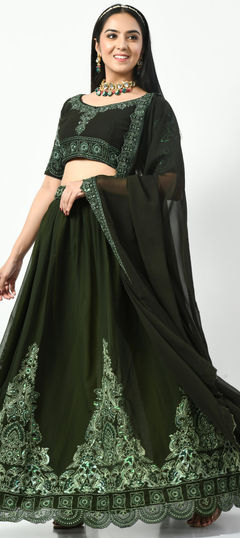 Festive, Party Wear, Reception Green color Lehenga in Georgette fabric with Flared Embroidered, Sequence, Thread, Zari work : 1894143