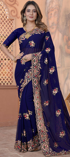 Blue color Saree in Georgette fabric with Embroidered, Resham, Stone, Thread, Zari work