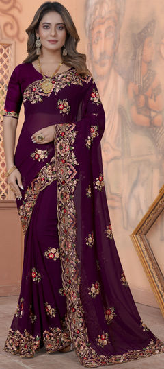 Purple and Violet color Saree in Georgette fabric with Embroidered, Resham, Stone, Thread, Zari work