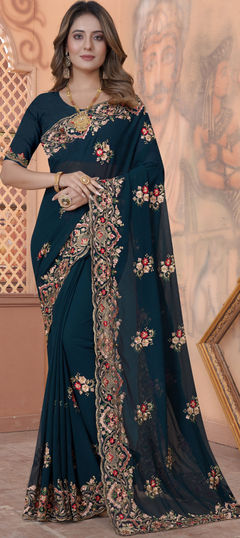 Blue color Saree in Georgette fabric with Embroidered, Resham, Stone, Thread, Zari work