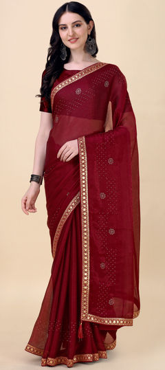 Red and Maroon color Saree in Chiffon fabric with Bugle Beads work