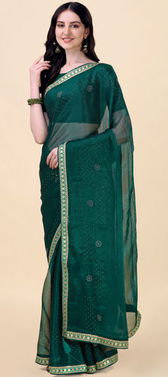 Green color Saree in Chiffon fabric with Bugle Beads work