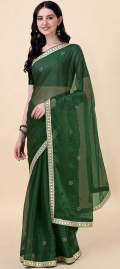 Green color Saree in Chiffon fabric with Bugle Beads work