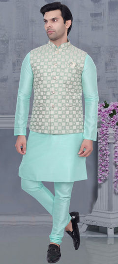 Party Wear Green color Kurta Pyjama with Jacket in Art Silk fabric with Embroidered work : 1894223