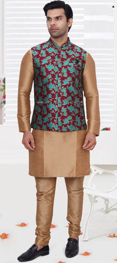 Party Wear Beige and Brown color Kurta Pyjama with Jacket in Art Silk fabric with Weaving work : 1894228