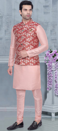 Party Wear Pink and Majenta color Kurta Pyjama with Jacket in Art Silk fabric with Weaving work : 1894231