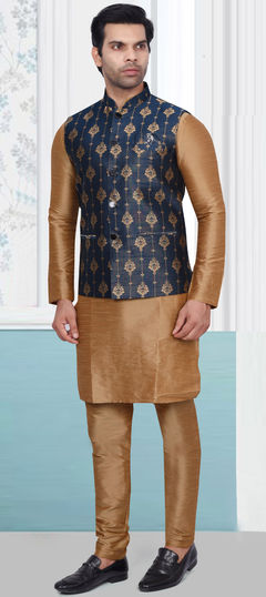 Party Wear Beige and Brown color Kurta Pyjama with Jacket in Art Silk fabric with Weaving work : 1894233