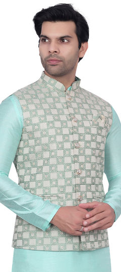 White and Off White color Nehru Jacket in Silk fabric with Embroidered work