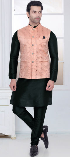 Party Wear Green color Kurta Pyjama with Jacket in Art Silk fabric with Embroidered work : 1894236