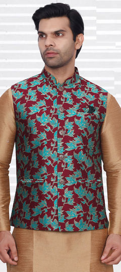 Beige and Brown color Nehru Jacket in Brocade fabric with Weaving work