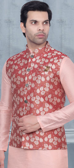 Red and Maroon color Nehru Jacket in Jacquard fabric with Weaving work