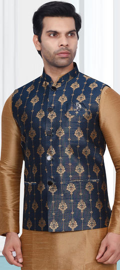 Blue color Nehru Jacket in Jacquard fabric with Weaving work