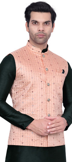 Pink and Majenta color Nehru Jacket in Silk fabric with Embroidered work