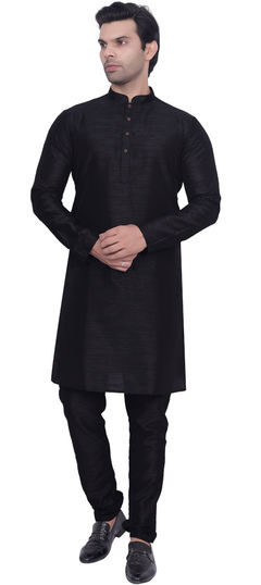 Black and Grey color Kurta Pyjamas in Art Silk fabric with Thread work