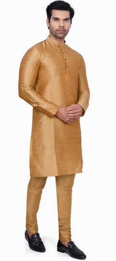 Beige and Brown color Kurta Pyjamas in Art Silk fabric with Thread work