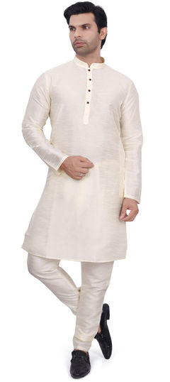 Beige and Brown color Kurta Pyjamas in Art Silk fabric with Thread work