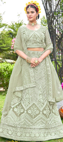 Green color Lehenga in Net fabric with Embroidered, Lace, Sequence, Thread work