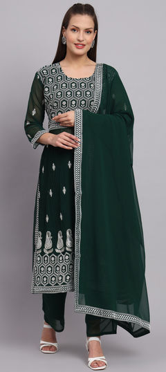 Green color Salwar Kameez in Faux Georgette fabric with Embroidered, Resham, Sequence, Thread work