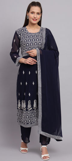 Blue color Salwar Kameez in Faux Georgette fabric with Embroidered, Resham, Sequence, Thread work