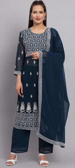 Blue color Salwar Kameez in Faux Georgette fabric with Embroidered, Resham, Sequence, Thread work