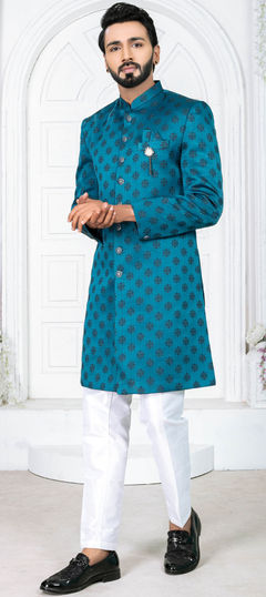 Blue color IndoWestern Dress in Jacquard fabric with Weaving work