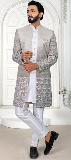 White and Off White color IndoWestern Dress in Jacquard fabric with Embroidered, Thread work