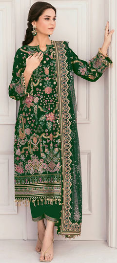 Green color Salwar Kameez in Georgette fabric with Embroidered, Resham, Sequence, Thread work