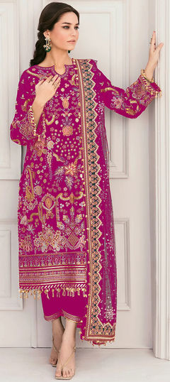 Pink and Majenta color Salwar Kameez in Georgette fabric with Embroidered, Resham, Sequence, Thread work