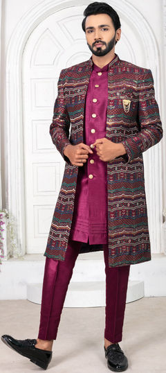 Purple and Violet color IndoWestern Dress in Art Silk fabric with Embroidered, Thread work