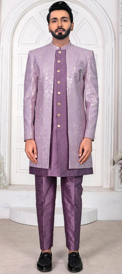 Party Wear Purple and Violet color IndoWestern Dress in Art Silk fabric with Embroidered, Sequence, Thread work : 1894555