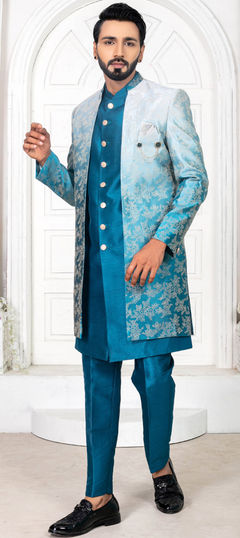 Party Wear Blue color IndoWestern Dress in Jacquard fabric with Weaving work : 1894558