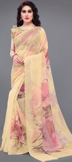 Beige and Brown color Saree in Organza Silk, Silk fabric with Floral, Printed work