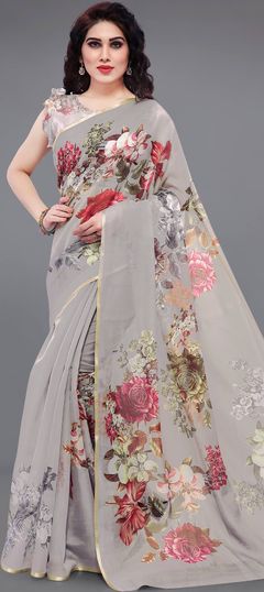 Black and Grey color Saree in Organza Silk, Silk fabric with Floral, Printed work