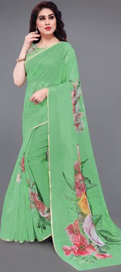 Green color Saree in Organza Silk, Silk fabric with Floral, Printed work