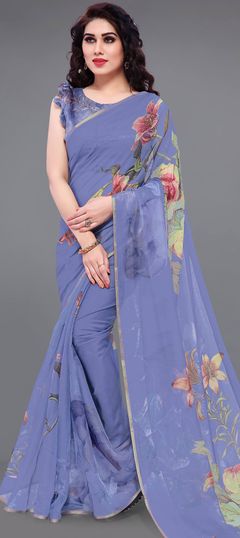 Purple and Violet color Saree in Organza Silk, Silk fabric with Floral, Printed work