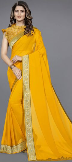 Yellow color Saree in Faux Georgette fabric with Thread work