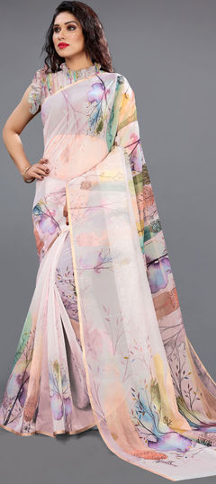 Pink and Majenta color Saree in Organza Silk fabric with Floral, Printed work