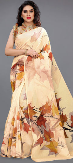 Beige and Brown color Saree in Organza Silk fabric with Printed work