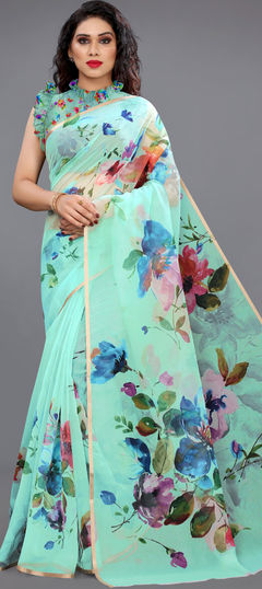 Blue color Saree in Organza Silk fabric with Printed work