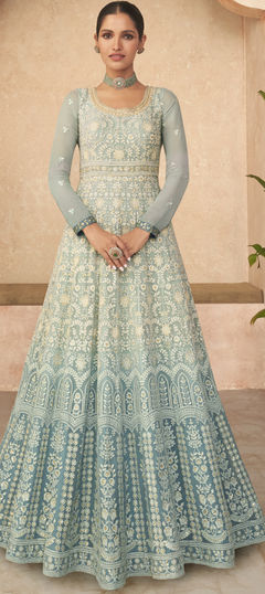 Black and Grey color Gown in Georgette fabric with Embroidered, Thread work