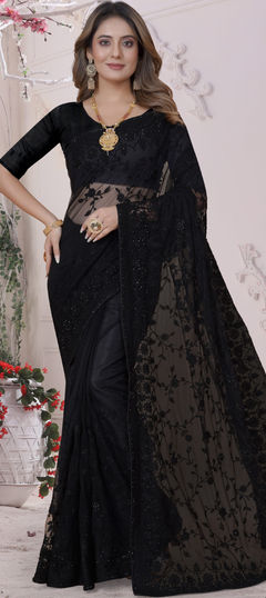 Black and Grey color Saree in Net fabric with Embroidered, Resham, Stone, Thread work