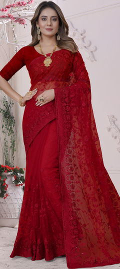 Red and Maroon color Saree in Net fabric with Embroidered, Resham, Stone, Thread work