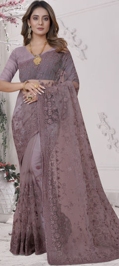 Purple and Violet color Saree in Net fabric with Embroidered, Resham, Stone, Thread work