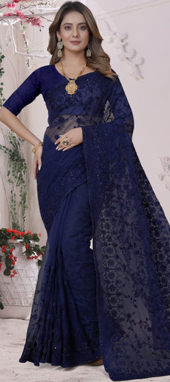 Blue color Saree in Net fabric with Embroidered, Resham, Stone, Thread work