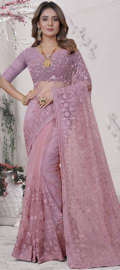 Pink and Majenta color Saree in Net fabric with Embroidered, Resham, Stone, Thread work