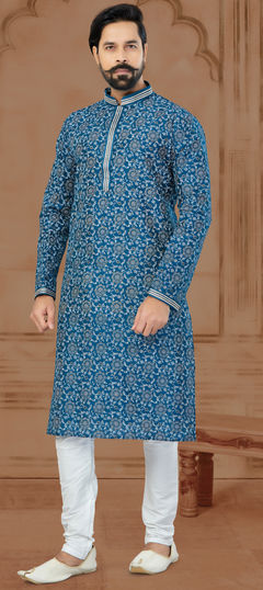 Blue color Kurta Pyjamas in Dupion Silk fabric with Digital Print, Thread work